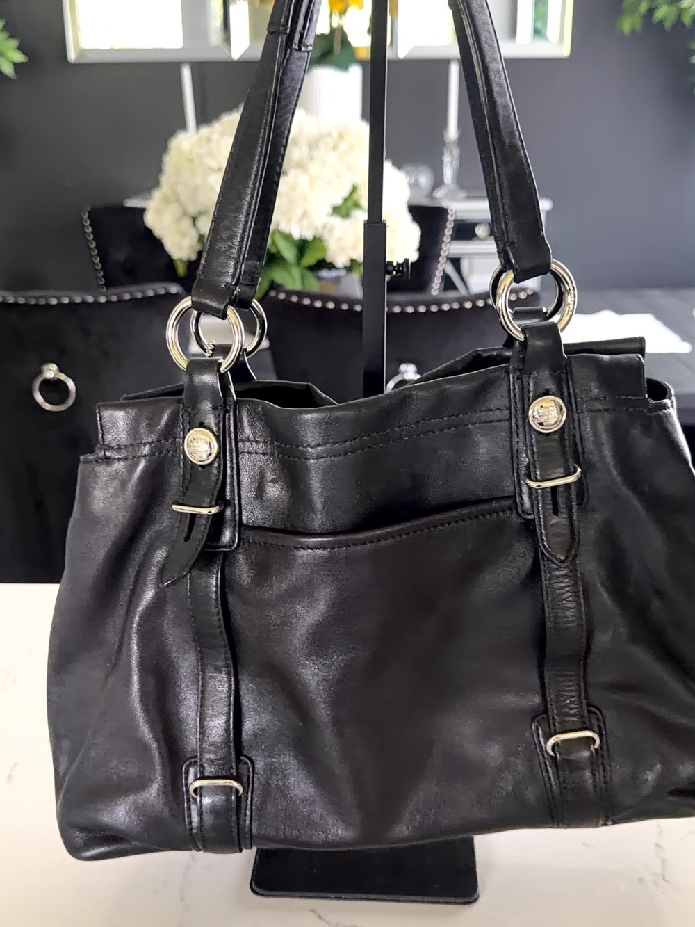 COACH Black Leather Shoulder Tote with Signature Silver Hardware - Picture 5 of 10